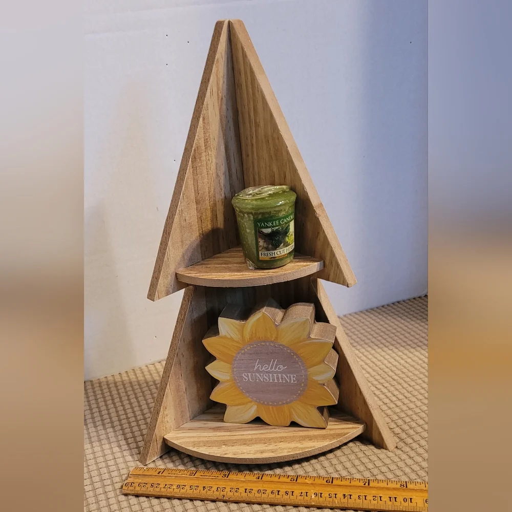 Rustic wooden corner tree shelf decoration
